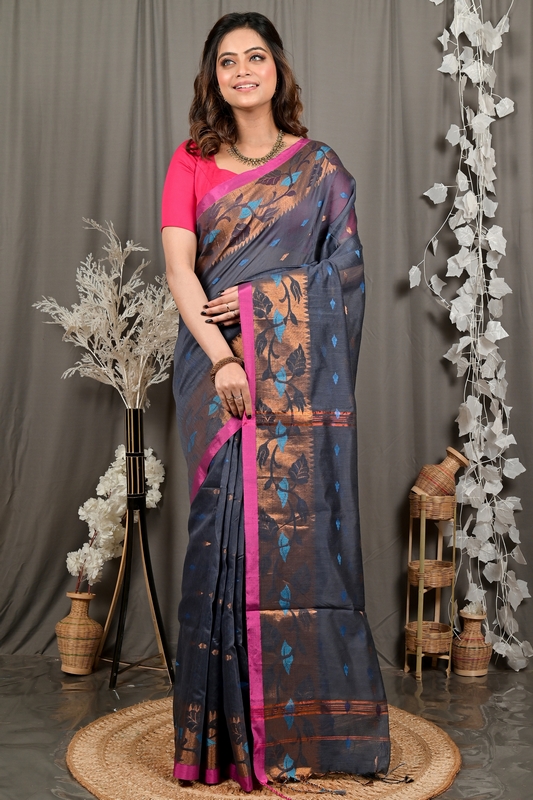 Grey Cotton Dipani Hand Loom Saree (3003)