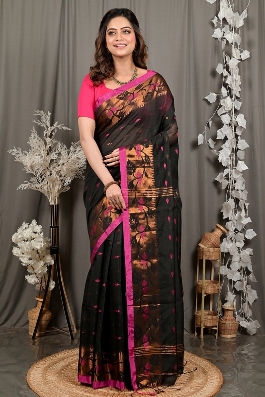 Black Cotton Dipani Hand Loom Saree (3006)