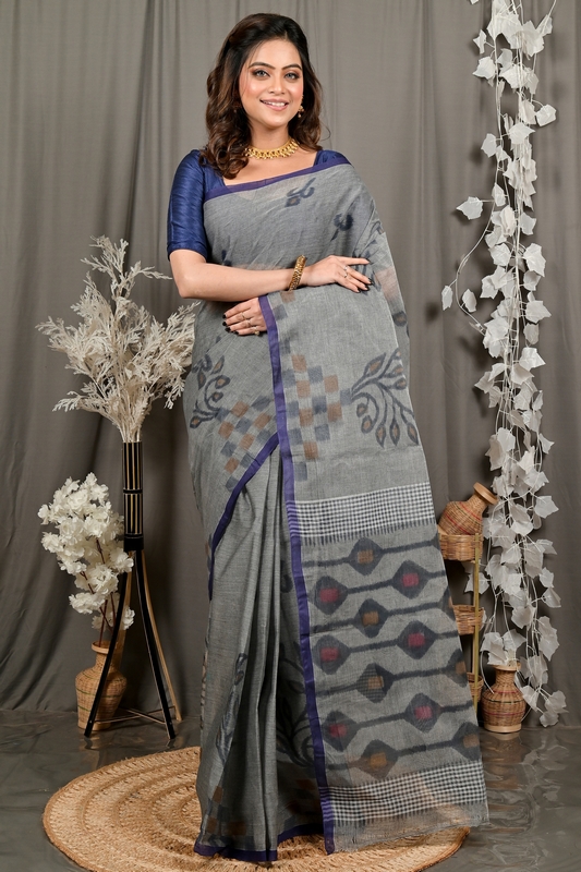 Grey Pure Cotton Dipui Tant Saree Print (3010)