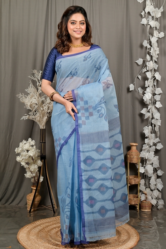 Light Blue Pure Cotton Dipui Tant Saree Print (3011)