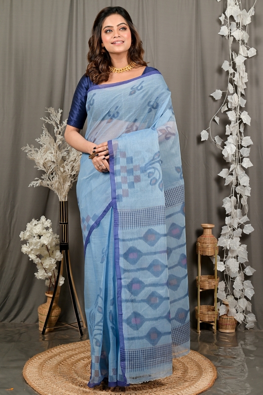 Light Blue Pure Cotton Dipui Tant Saree Print (3011)