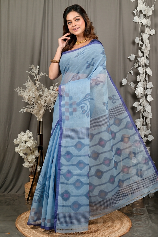 Light Blue Pure Cotton Dipui Tant Saree Print (3011)