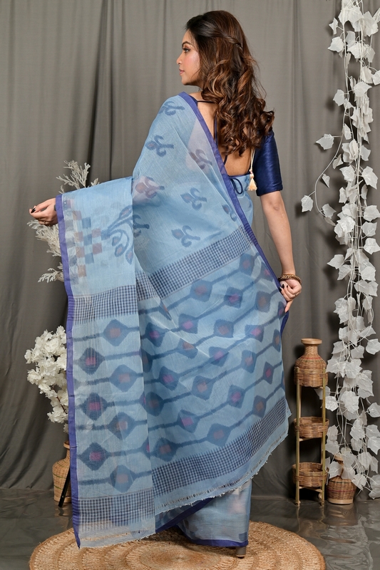 Light Blue Pure Cotton Dipui Tant Saree Print (3011)