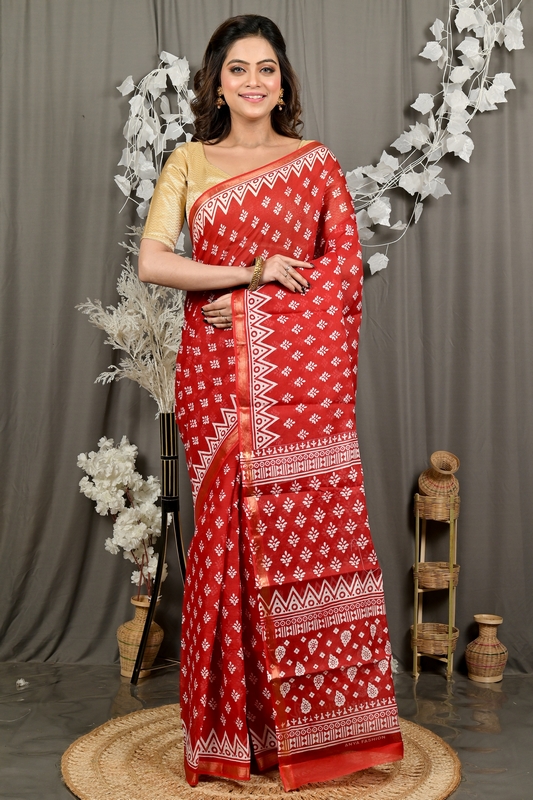 Maroon Pure Cotton Febasi Batik Print Saree (3019)