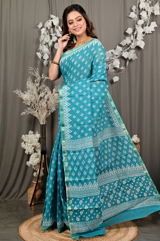 Sky Blue Pure Cotton Febasi Batik Print Saree (3020)