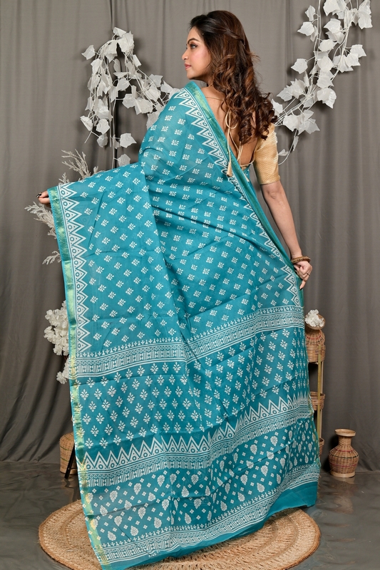 Sky Blue Pure Cotton Febasi Batik Print Saree (3020)