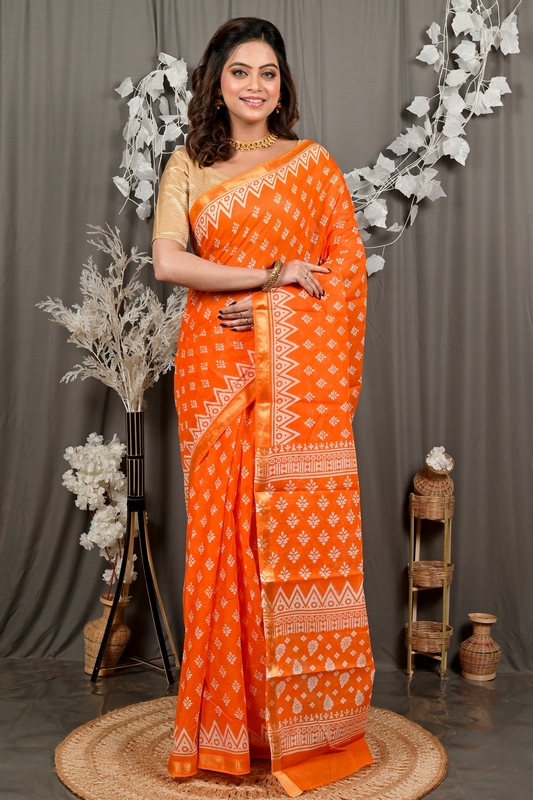 Orange Pure Cotton Febasi Batik Print Saree (3021)
