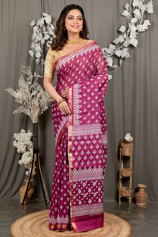 Purpel Pure Cotton Febasi Batik Print Saree (3022)