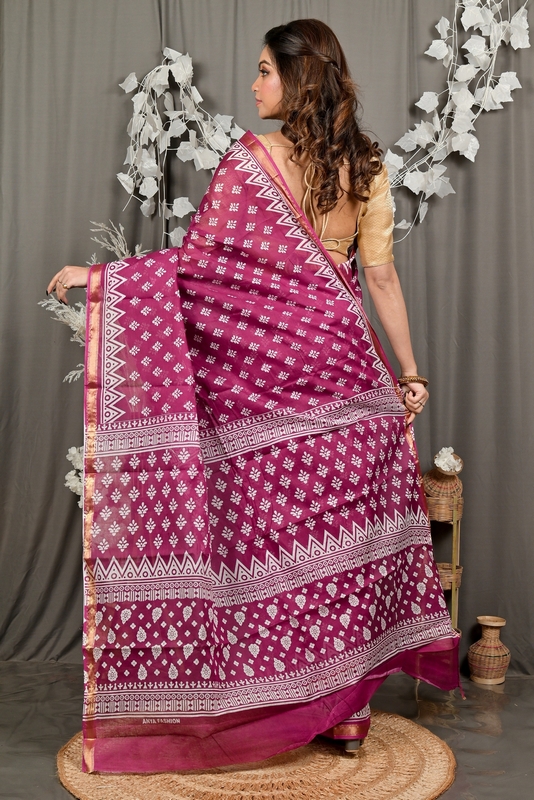 Purpel Pure Cotton Febasi Batik Print Saree (3022)