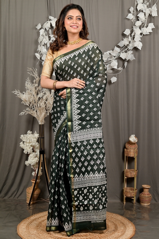 Dark Green Pure Cotton Febasi Batik Print Saree (3023)
