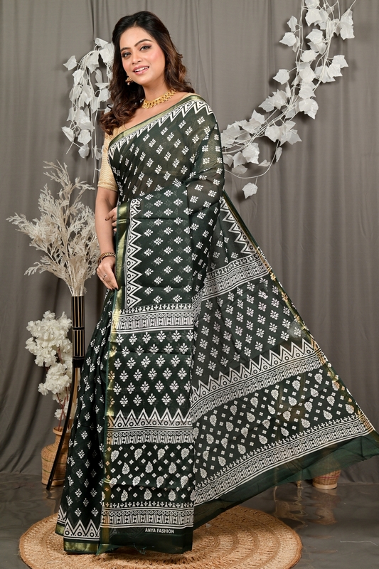 Dark Green Pure Cotton Febasi Batik Print Saree (3023)