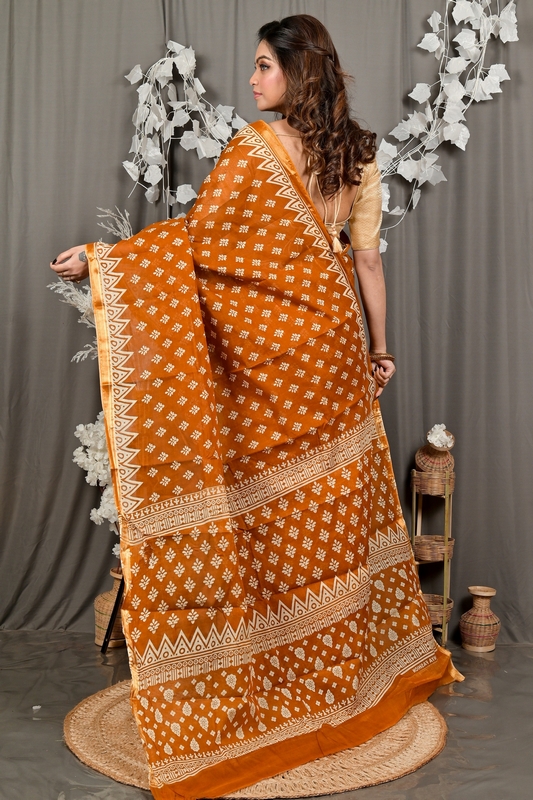 Brown Pure Cotton Febasi Batik Print Saree (3024)