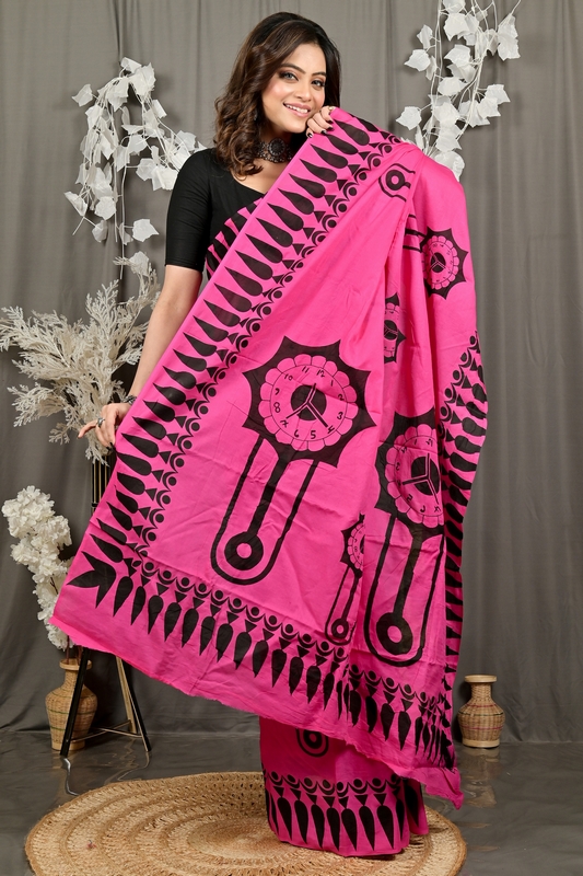 Dark Pink Pure Cotton Febui Printed Handloom Saree (3025)