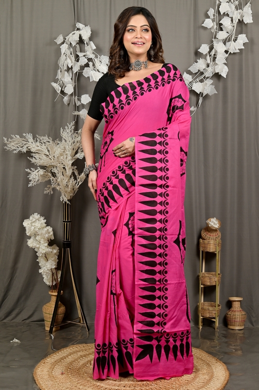 Dark Pink Pure Cotton Febui Printed Handloom Saree (3025)