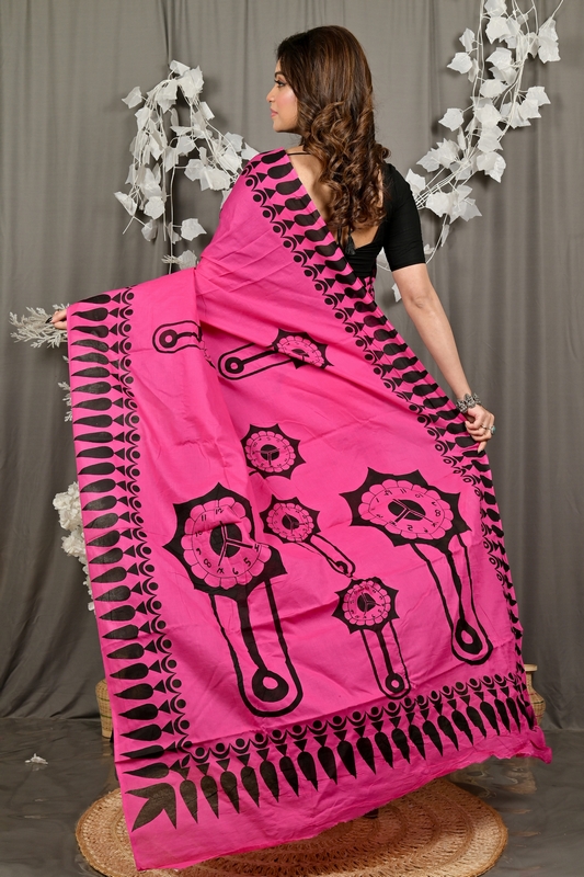 Dark Pink Pure Cotton Febui Printed Handloom Saree (3025)