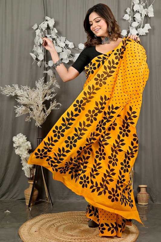 Yellow Pure Cotton Febuitwo Printed Handloom Saree (3027)