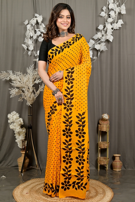 Yellow Pure Cotton Febuitwo Printed Handloom Saree (3027)