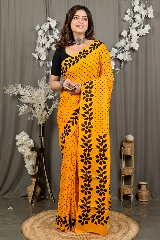 Yellow Pure Cotton Febuitwo Printed Handloom Saree (3027)