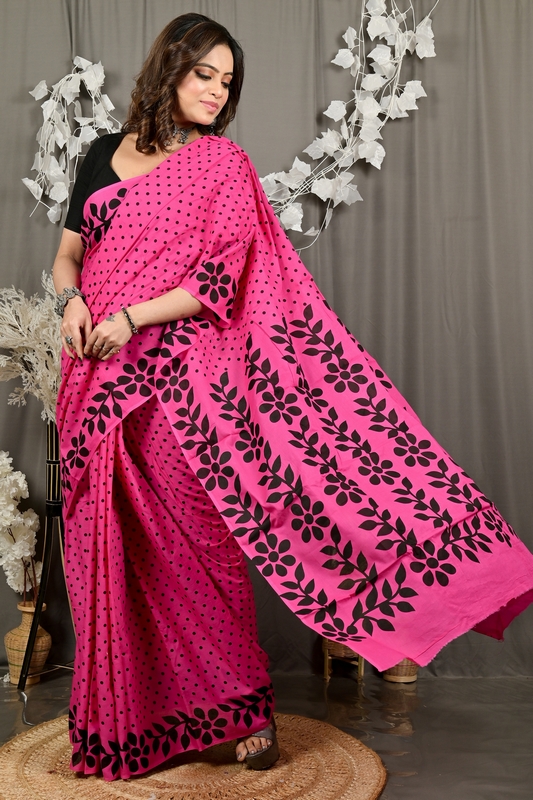 Dark Pink Pure Cotton Febuitwo Printed Handloom Saree (3028)