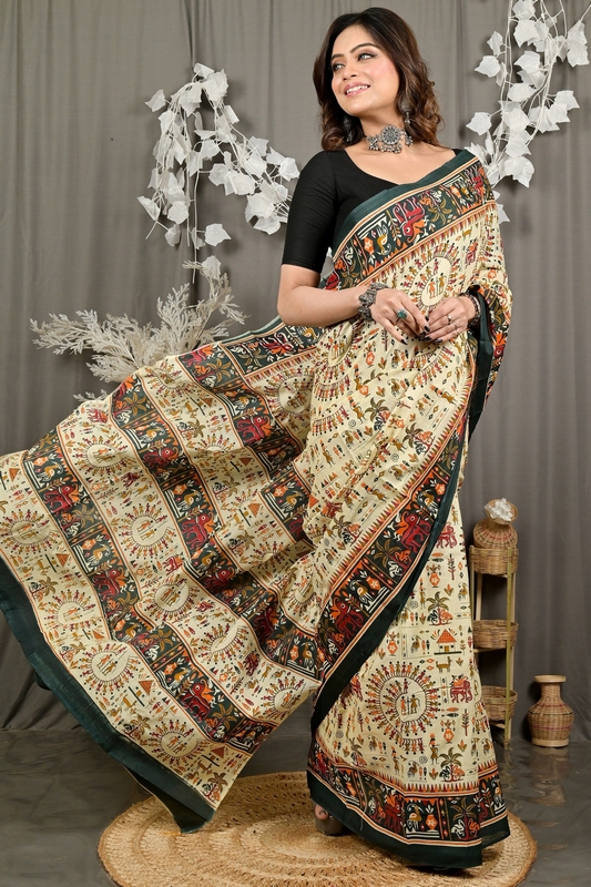 Off White Green Pure Cotton Feepsi Kalamkari Printed Saree (3029)