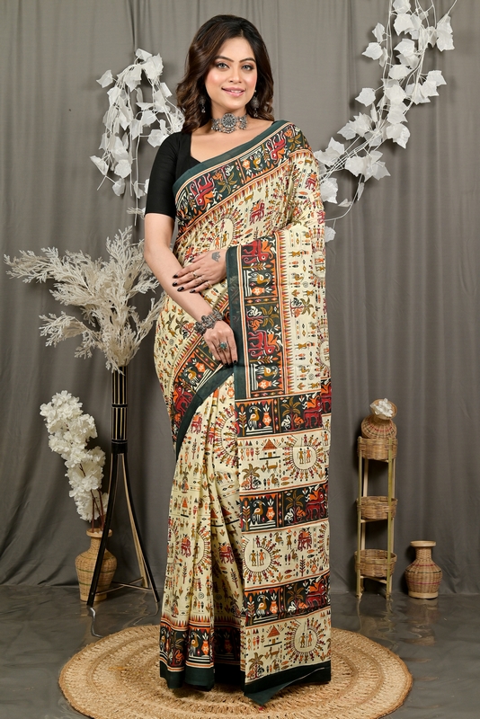 Off White Green Pure Cotton Feepsi Kalamkari Printed Saree (3029)