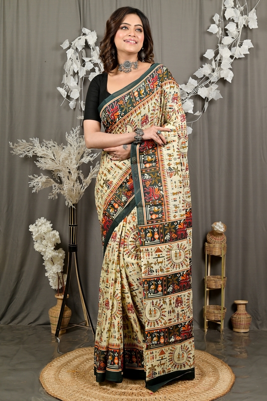 Off White Green Pure Cotton Feepsi Kalamkari Printed Saree (3029)