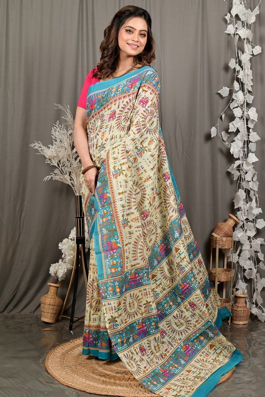 Off White Blue Pure Cotton Feepsi Kalamkari Printed Saree (3030)