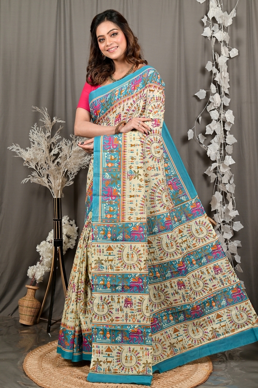 Off White Blue Pure Cotton Feepsi Kalamkari Printed Saree (3030)