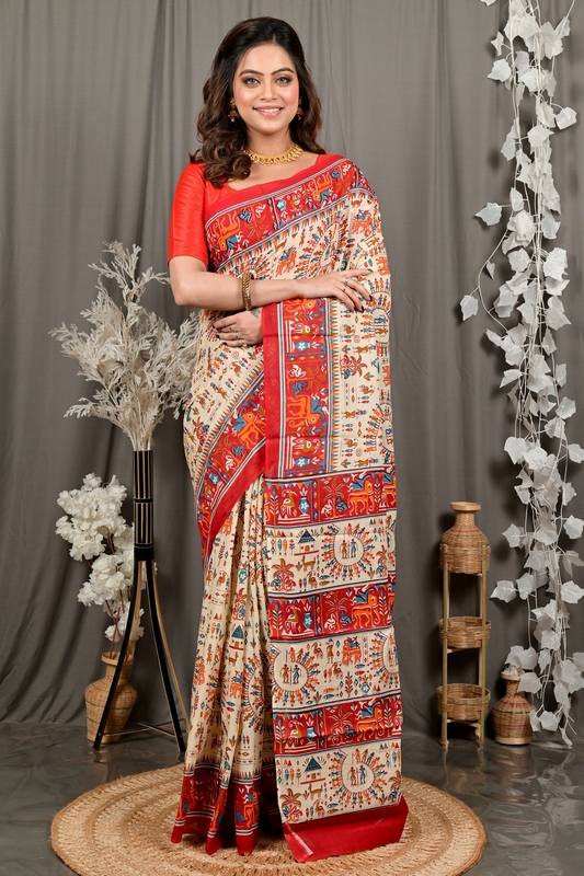 Off White Red Pure Cotton Feepsi Kalamkari Printed Saree (3031)