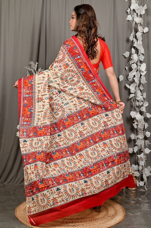 Off White Red Pure Cotton Feepsi Kalamkari Printed Saree (3031)