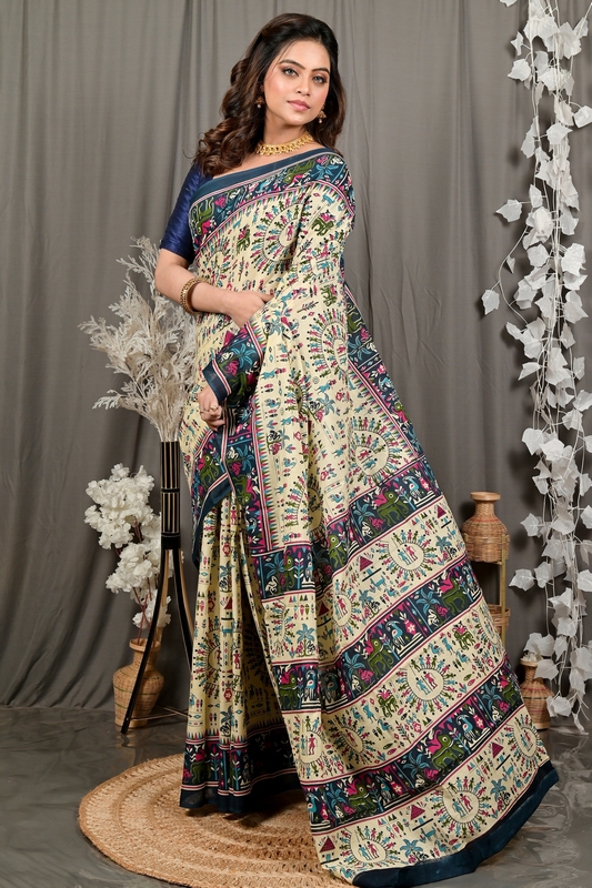 Off White Blue Pure Cotton Feepsi Kalamkari Printed Saree (3032)