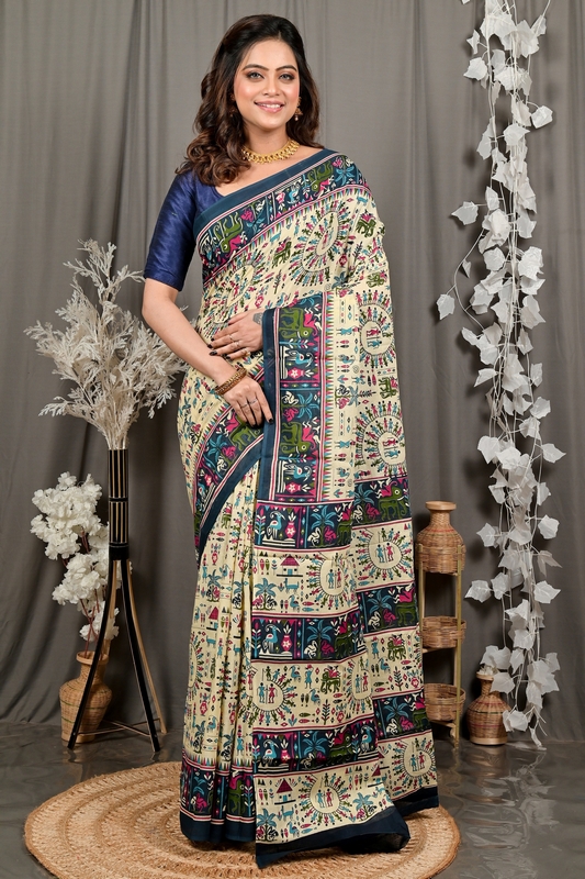 Off White Blue Pure Cotton Feepsi Kalamkari Printed Saree (3032)