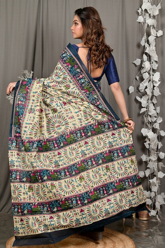 Off White Blue Pure Cotton Feepsi Kalamkari Printed Saree (3032)