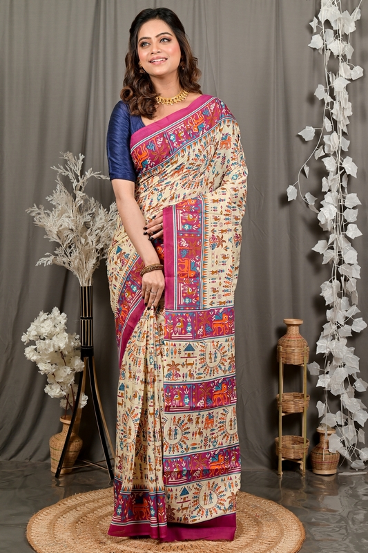 Off White Purple Pure Cotton Feepsi Kalamkari Printed Saree (3033)