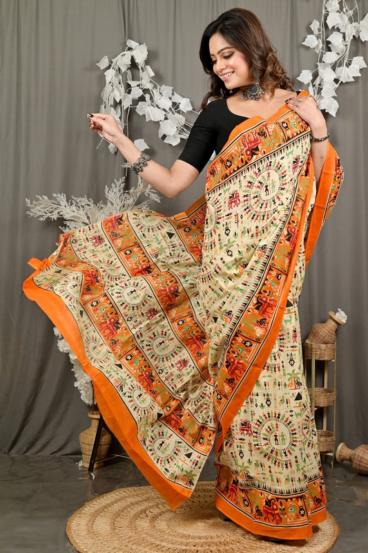 Off White Orange Pure Cotton Feepsi Kalamkari Printed Saree (3034)