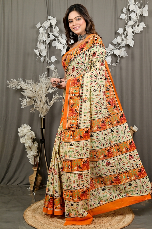 Off White Orange Pure Cotton Feepsi Kalamkari Printed Saree (3034)