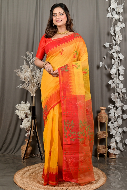 Yellow Red Pure Cotton Fevai Jamdani Saree (3035)