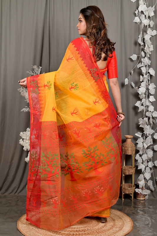 Yellow Red Pure Cotton Fevai Jamdani Saree (3035)