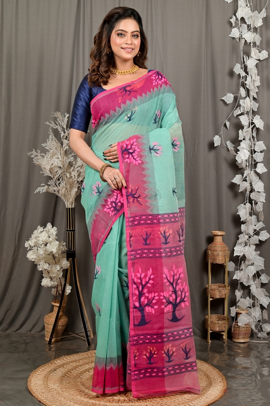 Green Purple Pure Cotton Fevai Jamdani Saree (3036)