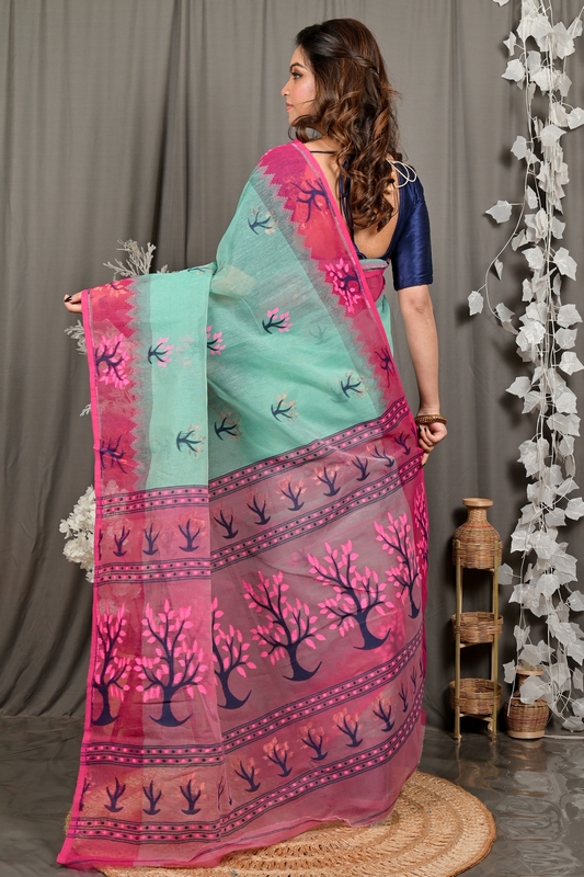 Green Purple Pure Cotton Fevai Jamdani Saree (3036)