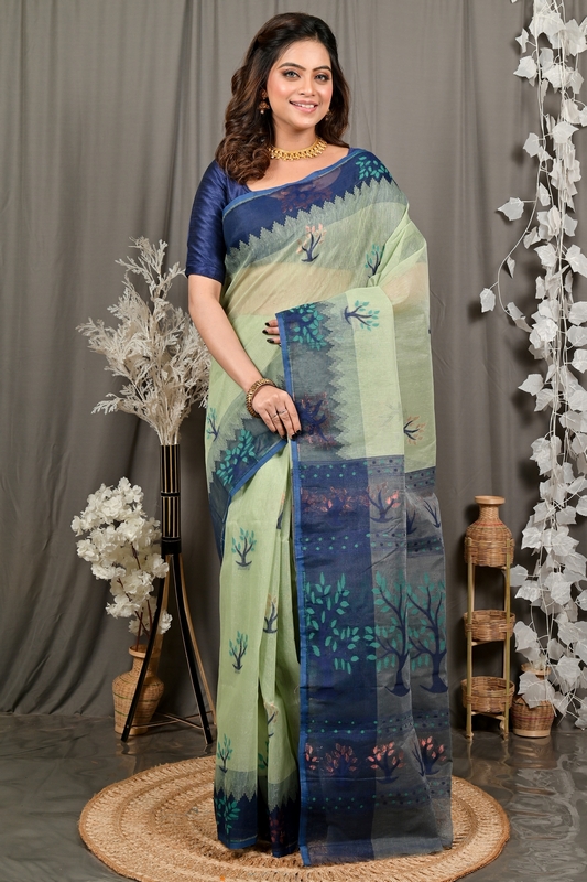 Light Green Blue Pure Cotton Fevai Jamdani Saree (3037)