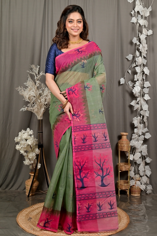 Green Pink Pure Cotton Fevai Jamdani Saree (3038)