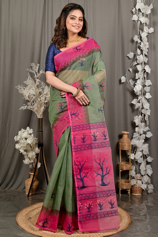 Green Pink Pure Cotton Fevai Jamdani Saree (3038)