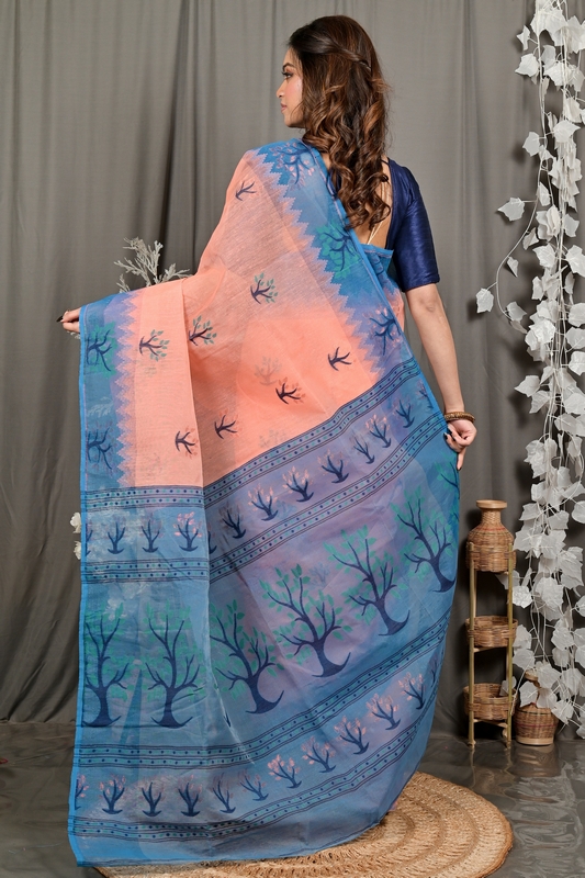 Peach Blue Pure Cotton Fevai Jamdani Saree (3039)