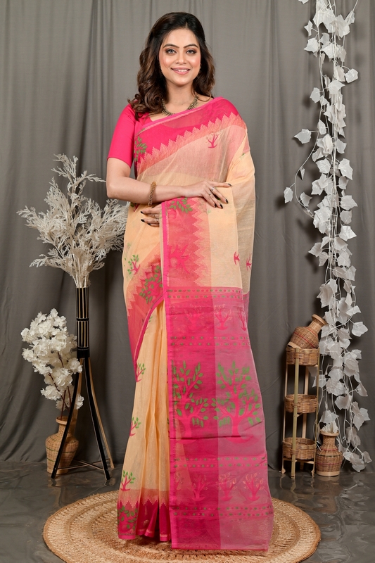 Creame Pink Pure Cotton Fevai Jamdani Saree (3040)