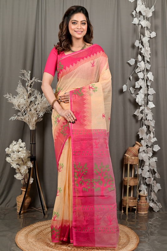 Creame Pink Pure Cotton Fevai Jamdani Saree (3040)