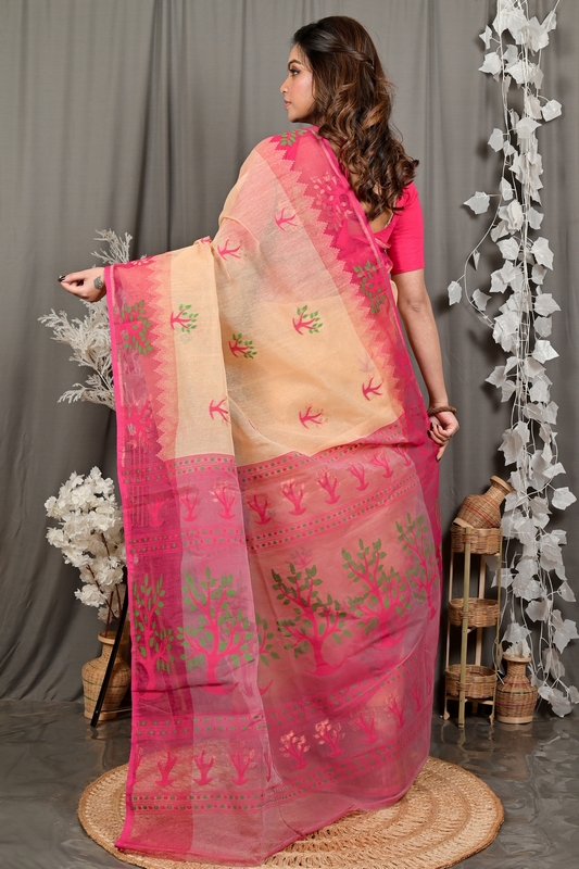 Creame Pink Pure Cotton Fevai Jamdani Saree (3040)