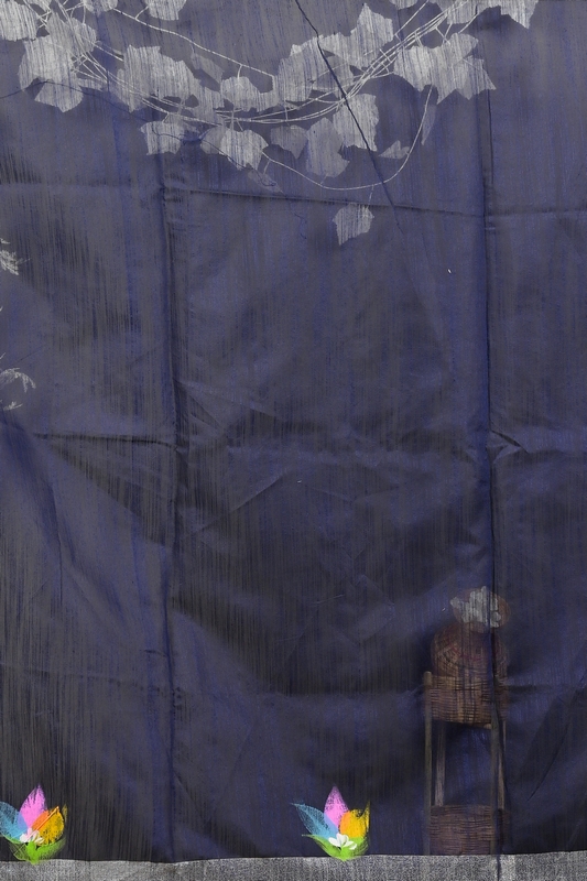 Blue Blended Cotton Finesi Hand Painted Saree (3046)