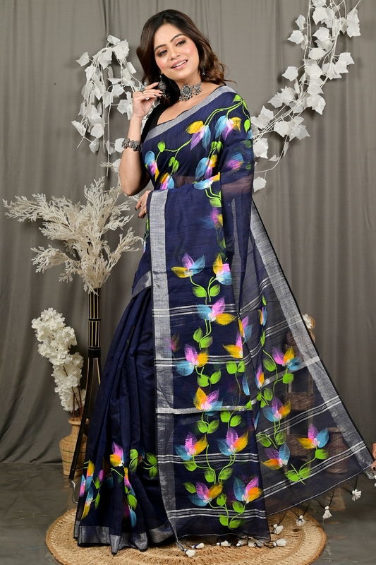 Blue Blended Cotton Finesi Hand Painted Saree (3046)