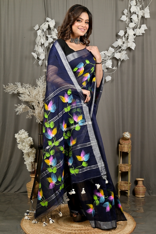 Blue Blended Cotton Finesi Hand Painted Saree (3046)